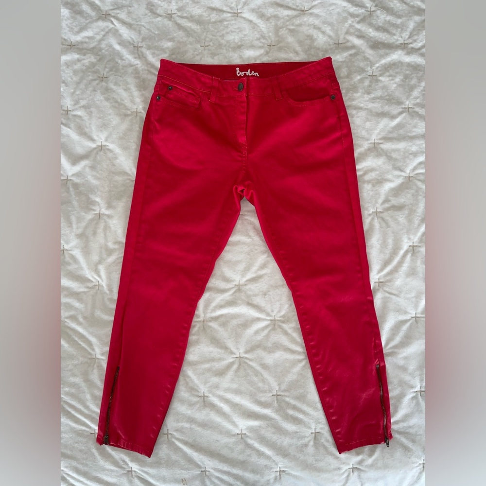 Boden Red Coated Skinny Jeans Size 10 Petite Ankle Zip Stretch Cotton Pants
